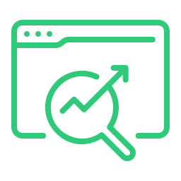 a green outline of a computer screen with a magnifying glass and a graph for on-page seo