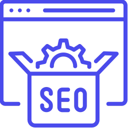 a blue line drawing of a box with a SEO gear